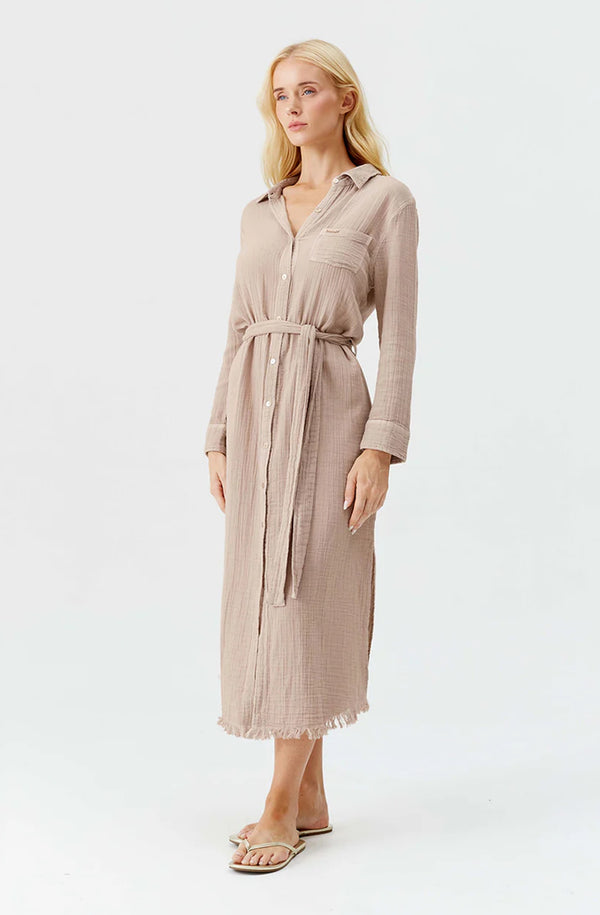 MELISSA ODABASH Women Margot Beige Long Shirt Dress