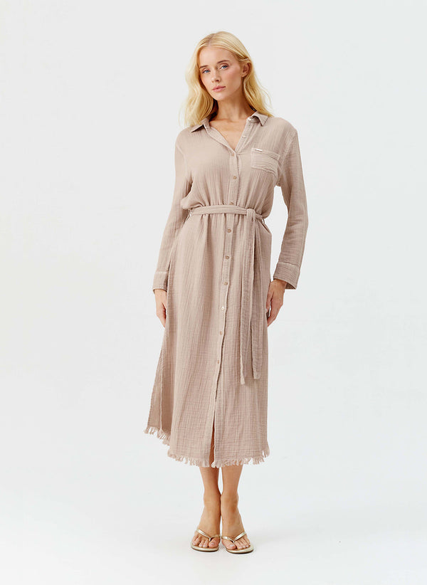 MELISSA ODABASH Women Margot Beige Long Shirt Dress