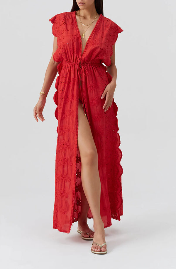 MELISSA ODABASH Women Talitha Red Open Front Scallop Edge Kaftan