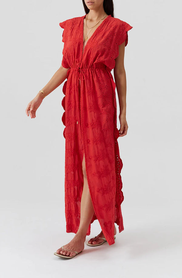 MELISSA ODABASH Women Talitha Red Open Front Scallop Edge Kaftan