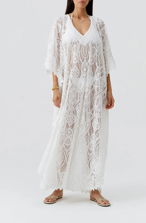 MELISSA ODABASH Women Yasin White V-Neck Lace Maxi Kaftan