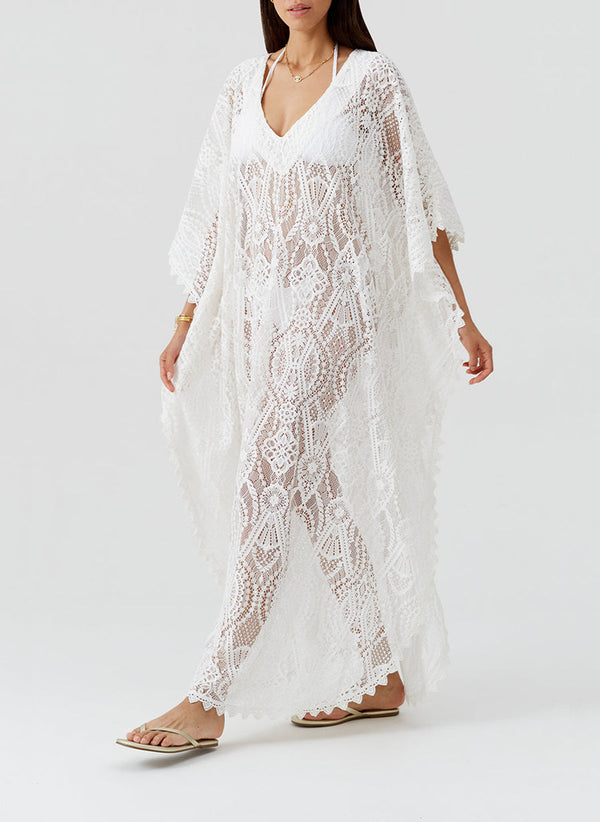 MELISSA ODABASH Women Yasin White V-Neck Lace Maxi Kaftan
