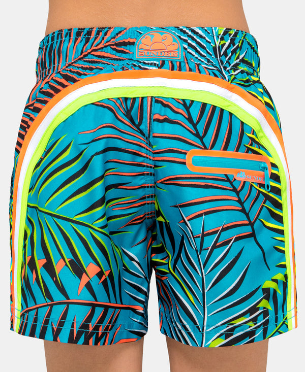 SUNDEK Boys Elastic Waist Swim Shorts Leaves Print