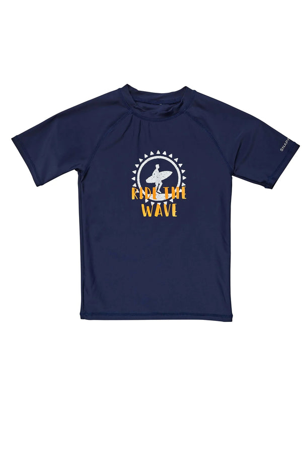 SNAPPERROCK Boys Ride the Wave Navy Short Sleeves Rash Top
