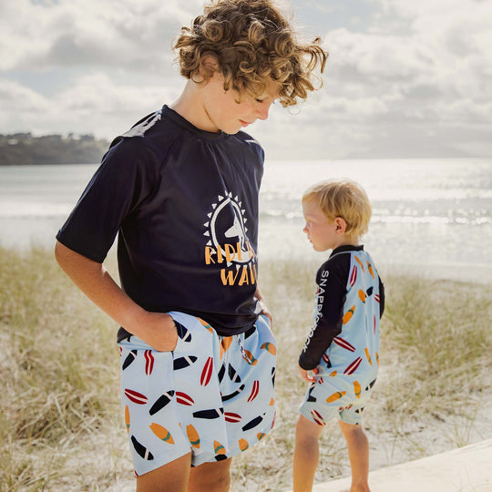 SNAPPERROCK Boys Ride the Wave Navy Short Sleeves Rash Top