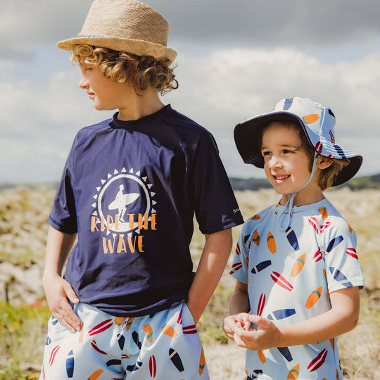 SNAPPERROCK Boys Ride the Wave Navy Short Sleeves Rash Top