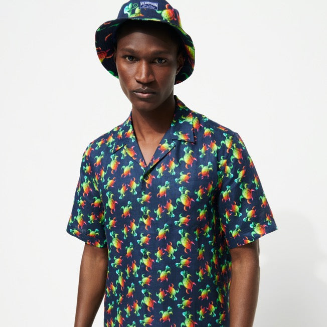 VILEBREQUIN Men Bowling Shirt Linen Tortues Rainbow Multicolor - Vilebrequin x Kenny Scharf