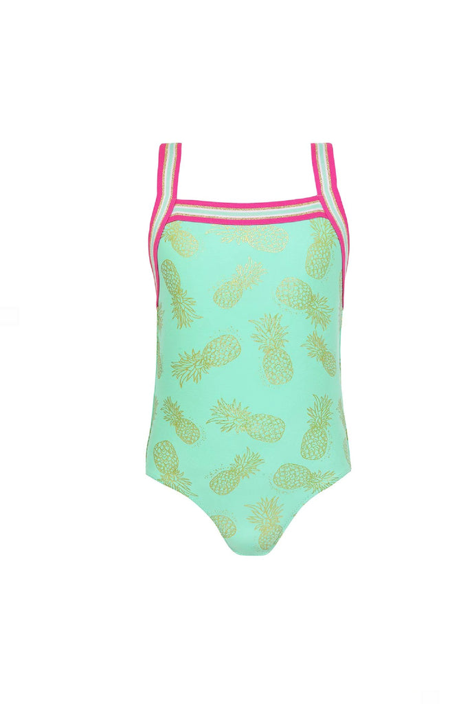 SUNUVA Girls Green and Gold Pineapple Cross Back Swimsuit