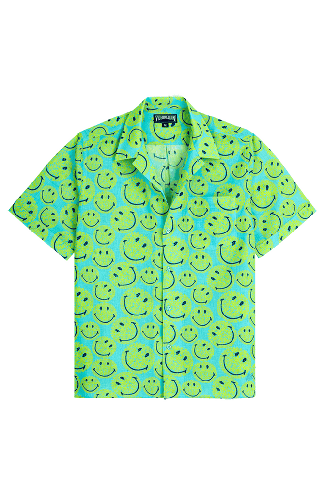 VILEBREQUIN Men Bowling Shirt Linen and Cotton Turtles Smiley - Vilebrequin x Smileyå¨