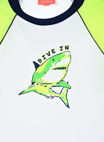 SUNUVA Boys White Neon Shark Long Sleeve Rash Vest